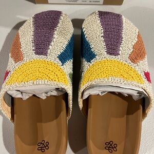 The Sak Crochet Sunburst Mules in Cream with Yellow, Purple, Blue & Coral